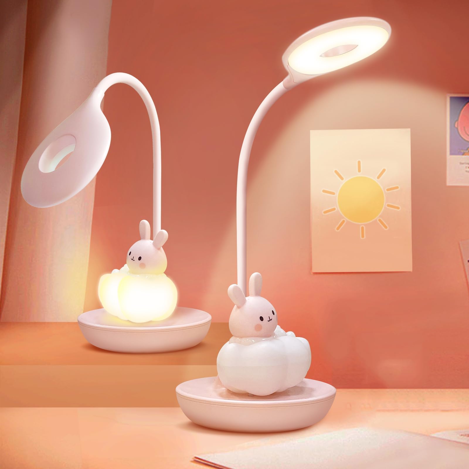 FemKey LED Desk Lamp for Kids, 3 Modes with 5 Brightness Levels Eye Protection Reading Lamp, Rechargeable Energy Saving Bedside Night Light, Lovely Pink Bunny Lamp for Children Reading, Studying