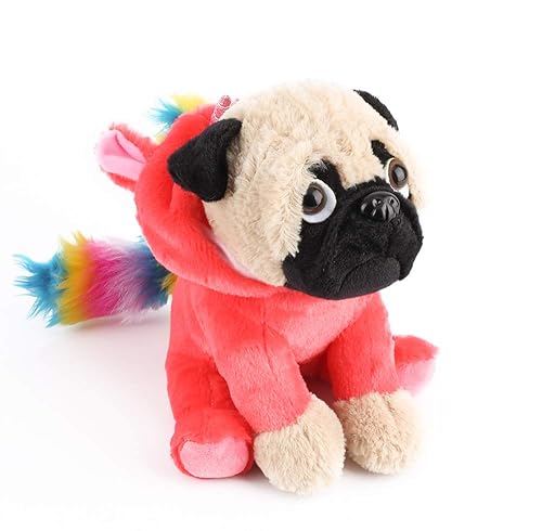 JoyAmigo Cute Pug Stuffed Animal Pugicorn Dog Dressed as Hot Pink