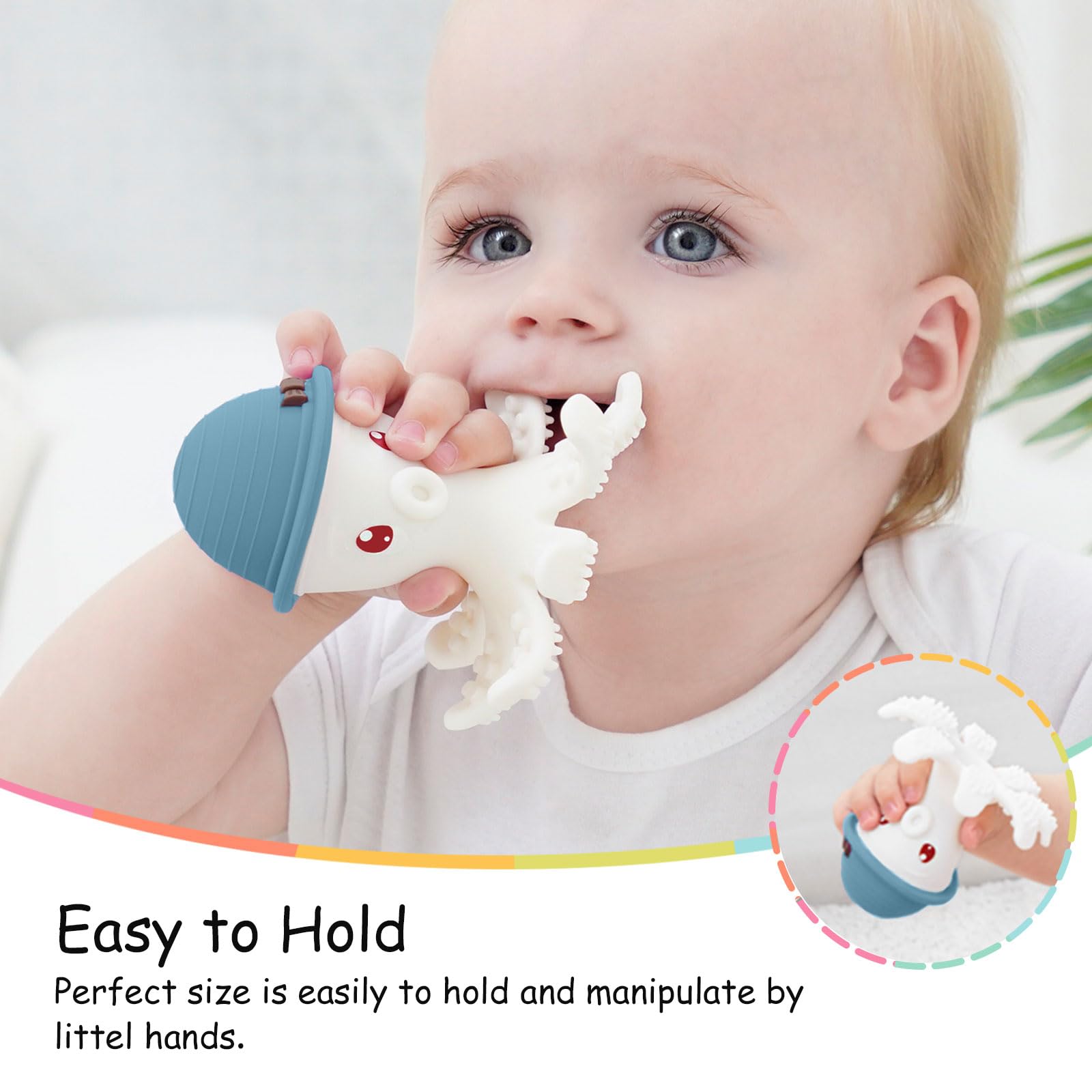 Mombella Octopus Teethers for Babies 3 Months+, Soft Silicone Infant Teething Toys, Functional Baby Chew Toys to Soothe Sore Gums, BPA Free, Sky Blue