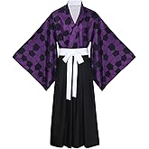 LINKOM Anime Demon Kokushibou Cosplay Costume Kimono Outfits Uniform Set for Men Halloween Party