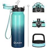 Oldley Insulated Water Bottle 20oz for Adults Kids Stainless Steel Water Bottles with Straw/Chug/Carabiner 3 Lids Fruit Strainer Double Wall Vacuum Wide Mouth BPA Free Leak-Proof for School Travel
