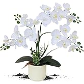 ucky Upgraded White Artificial Orchid Flowers with Ceramic Vase Fake Orchids Real Touch Flowers for Home Decor Bathroom Decoration Table Centerpieces (White)
