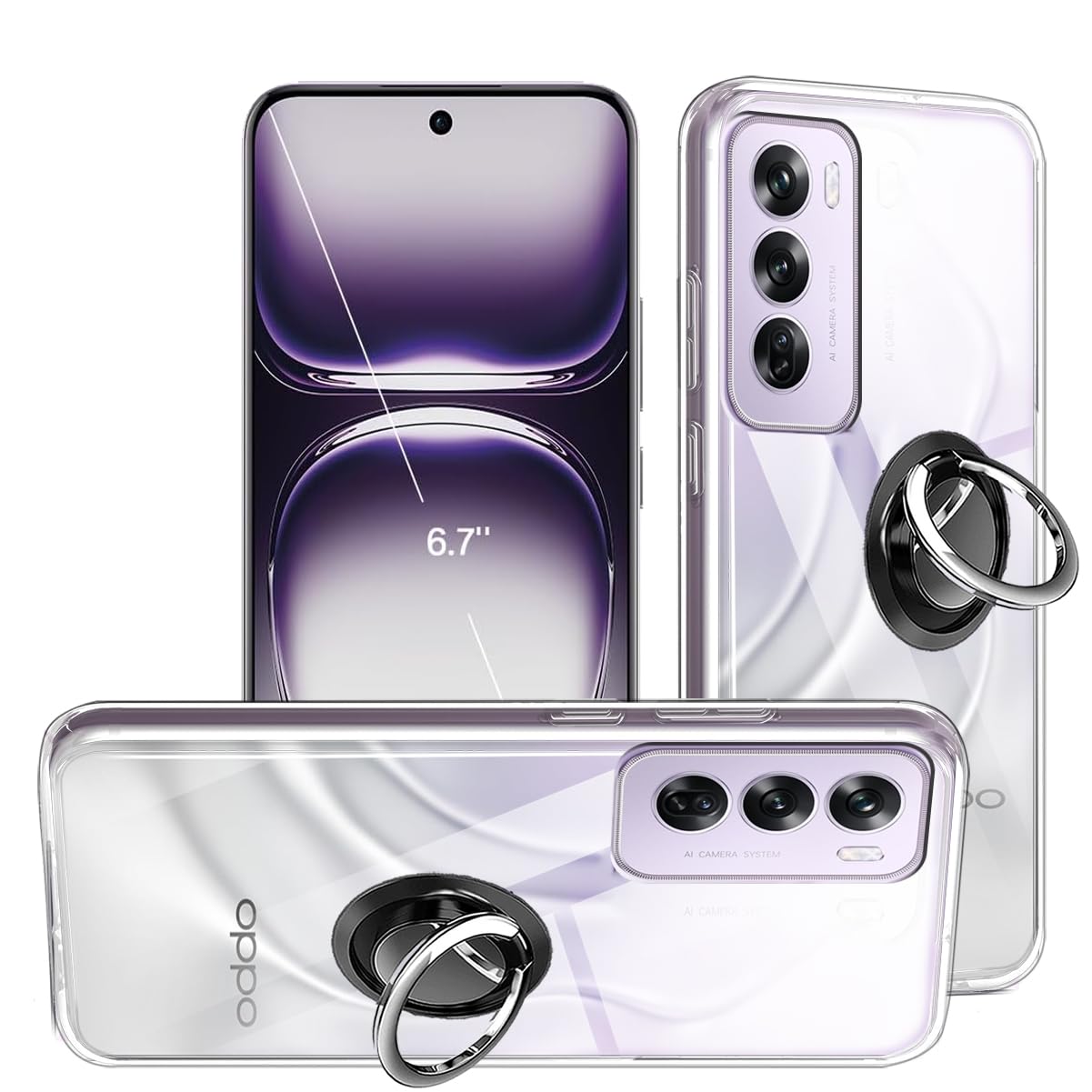 2-in-1 Case + Phone holder Ring Compatible with OPPO Reno 12 Pro Cover for OPPO Reno 12 Pro, Slim Fit Soft TPU Shockproof Anti-Scratch Phone Case Cover - Clear