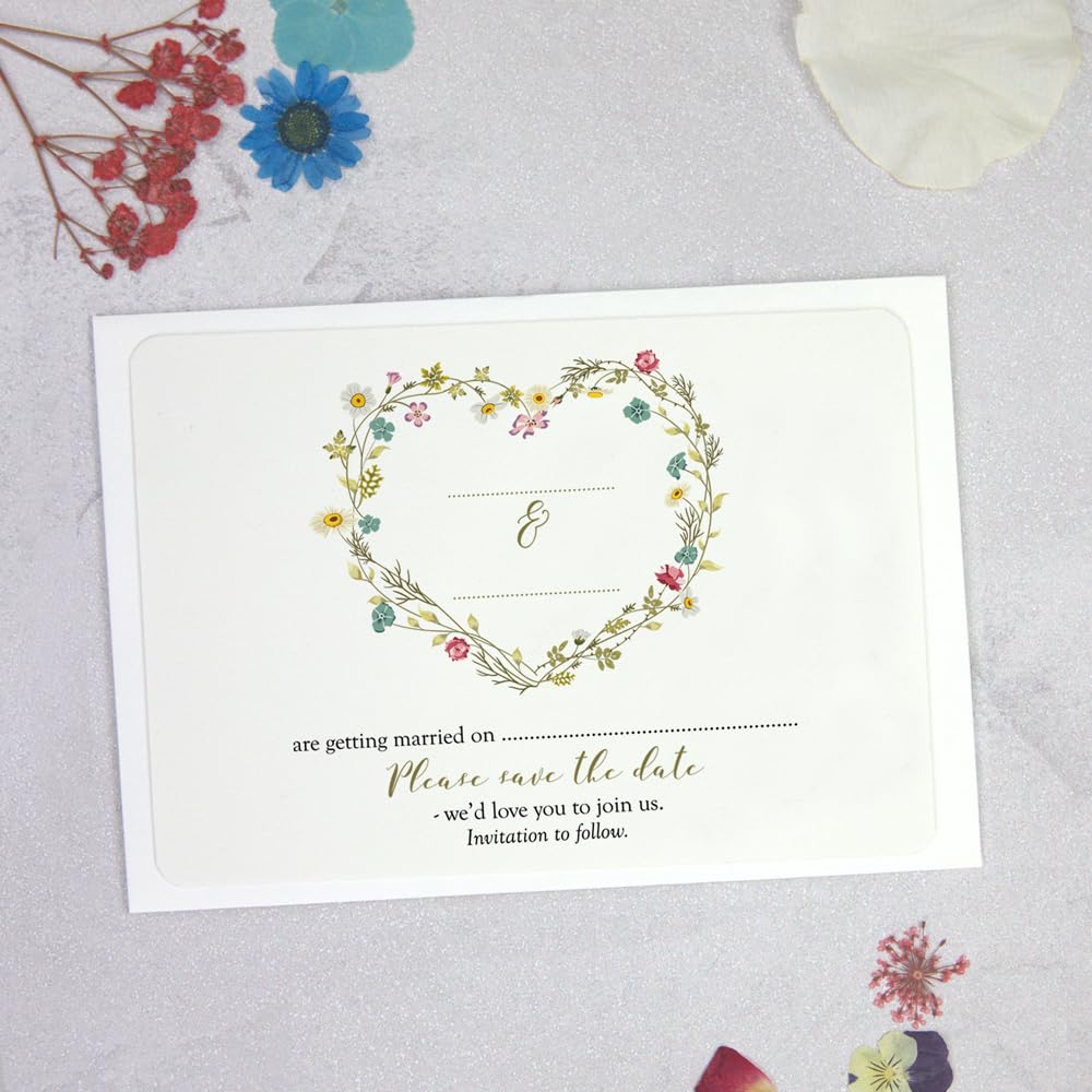 Dotty about Paper Botanical Heart - Save The Date Cards - Pack of 10, Envelopes Included Perfect for A Rustic, Floral Or Woodland Themed Wedding. Wildflowers, Greenery, Elegant (801)