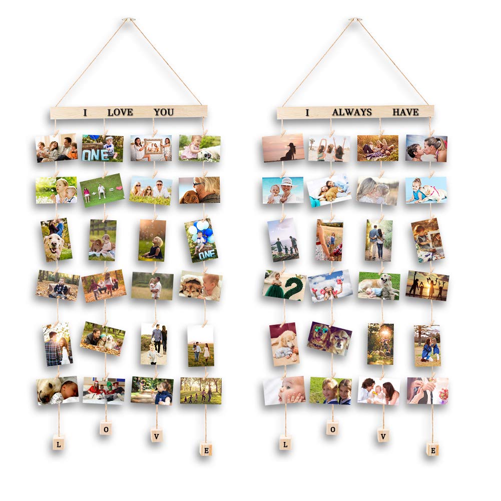 MOVEONSTEP Set of 2 Hanging Photo Display with 40 Clips Photo Display Board for Hanging Prints, DIY Wood Picture Frames Collage for Home Decoration (2 Sheets Alphabet & Number Stickers)
