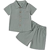 Neutocd Toddler Baby Boy Summer Clothes Cotton Linen Short Sleeve Solid Button Down Shirt Shorts Set Outfits with Pockets