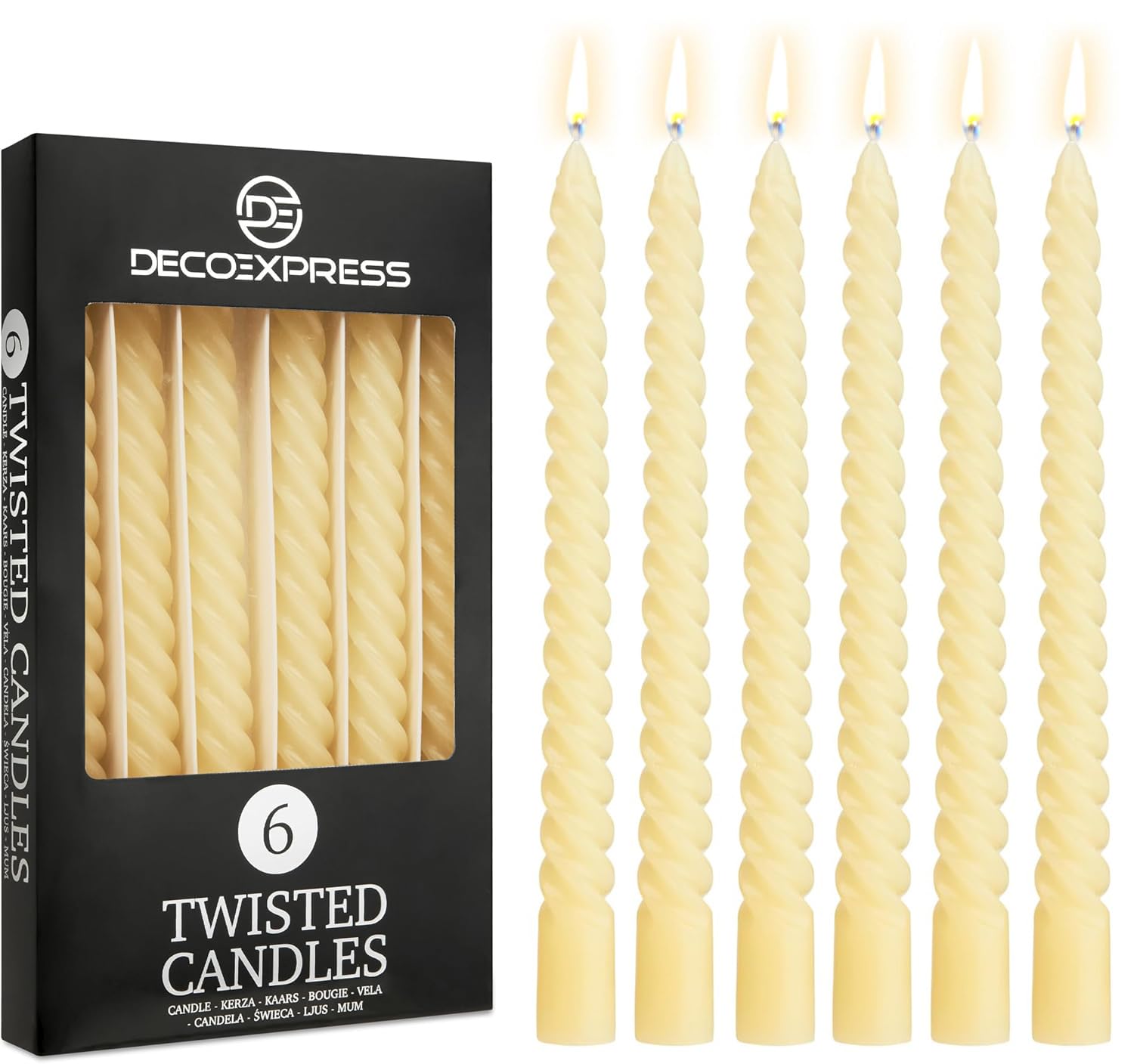 DECO EXPRESS Candles, Pack of 6 Dinner Candles, Non Drip Twisted & Non Scented, Long 6 Hours Burning Time, Cosy Home Decor, Valentine’s Day & Mother’s Day Gifts (Ivory, Pack of 6)