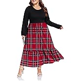 Moon Wood Women's Plus Size Maxi Dress Empire Waist Crew Neck Long Sleeve Dress with Pockets, Long Casual Dreses Daily Wear