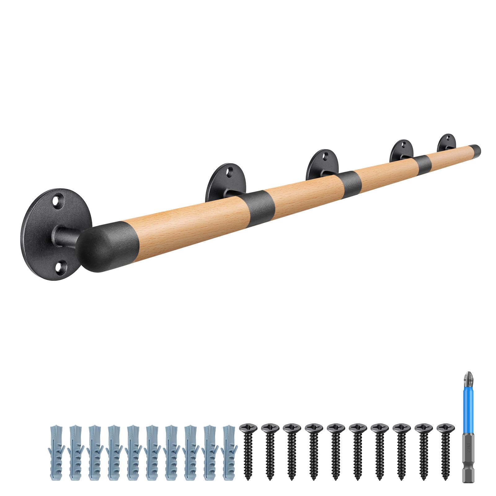 SELEWARE 67 Inch Wood Handrail Indoor Stairs Handrail Wall Mount Handrails w/Sturdy Metal Barckets, Barrier-Free Staircase Grab Bar for Elderly, 1.3 Inch Round — image 1