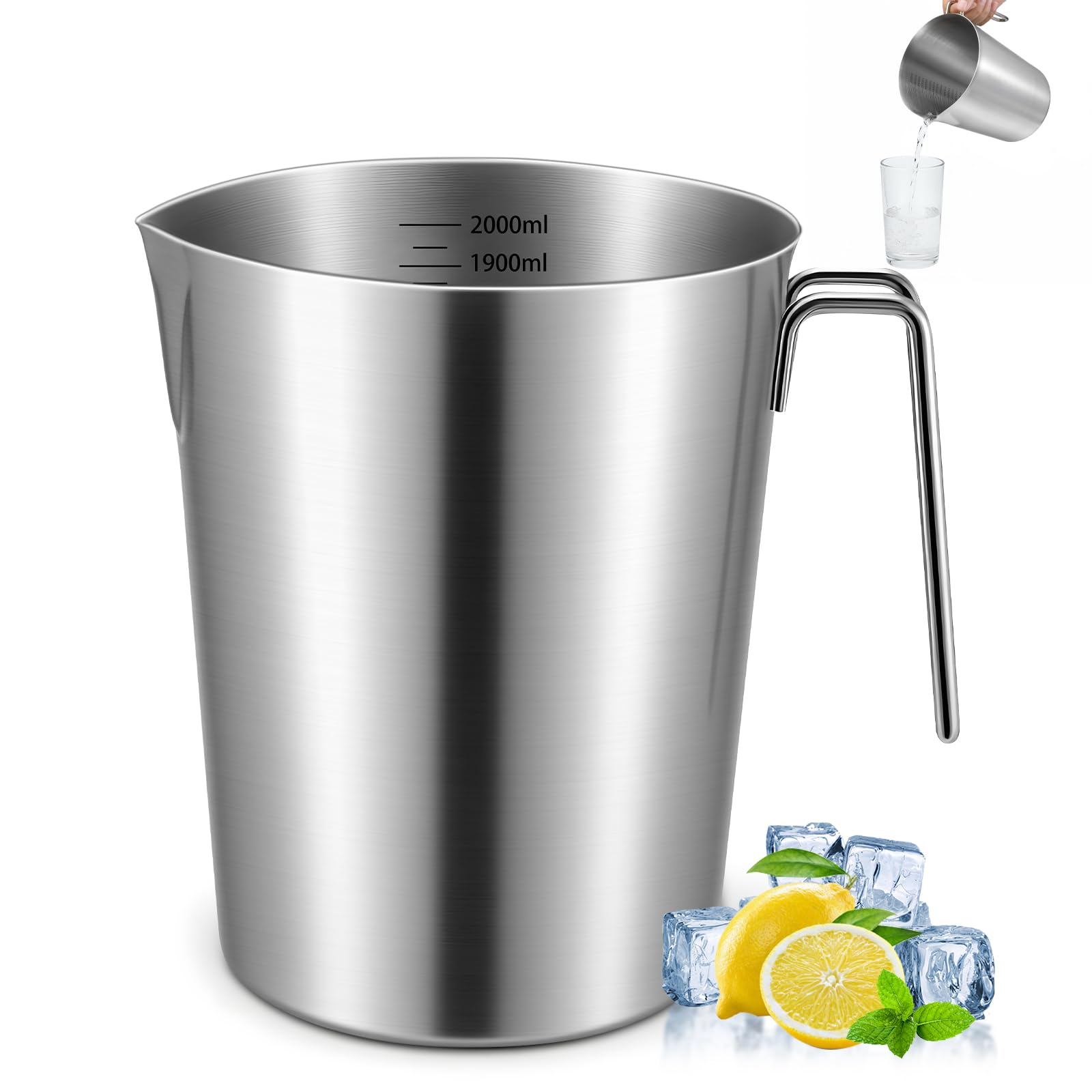 Photo 1 of 2L 18/8 Stainless Steel Measuring Cup with Handle and Pour Lip, 304 stainless pitcher with marking with handle, 68OZ/2 Liter- 8 Cup, Heavy-Duty Pitcher