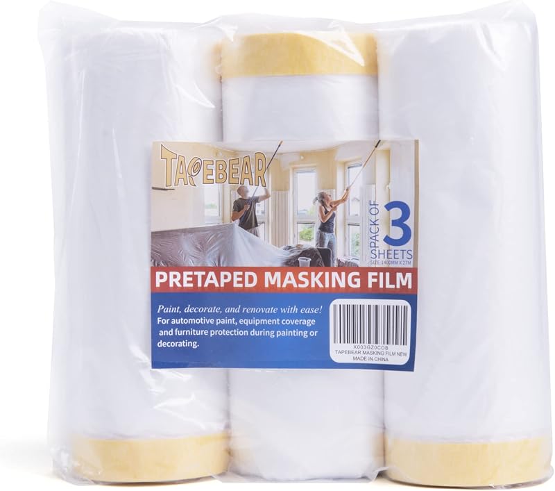 TAPEBEAR Pre-Taped Masking Film 55W x 30Yds 3 Rolls Automotive Paint Mask Film