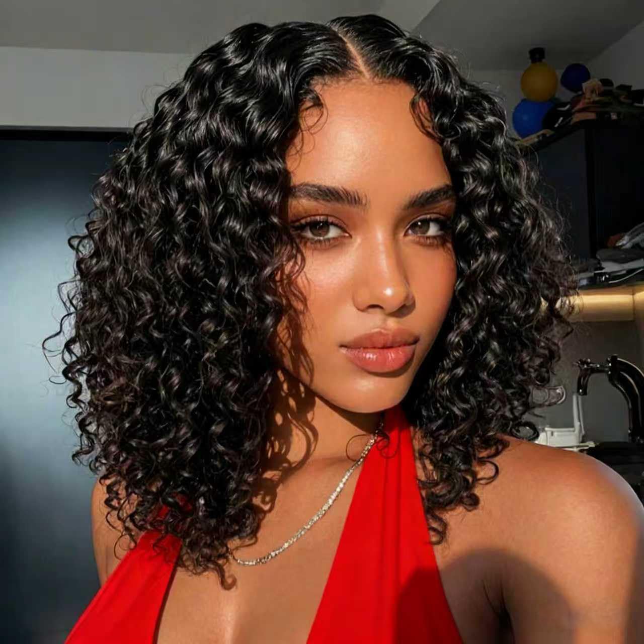 Photo 1 of EMOBANA 13x4 Lace Front Wig Human Hair Curly Wig 100% Virgin Human Hair Pre Plucked Wigs for Women with Natural Hairline Wet and Wavy Bob Wig 180 Density
