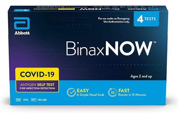 BinaxNOW COVID-19 Antigen Self Test, 1 Pack, 4 Tests Total, COVID Test With 15-Minute Results Without Sending to a Lab, Easy to Use at Home