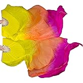 1 Pair Women Real Silk Belly Dance Fan Veils - Handmade Long Bamboo Fans for Professional Dancing 180cm * 90cm (Left+Right)