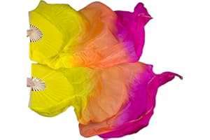 WEISIPU 1 Pair Women Real Silk Belly Dance Fan Veils - Handmade Long Bamboo Fans for Professional Dancing 180cm * 90cm (Left+Right)