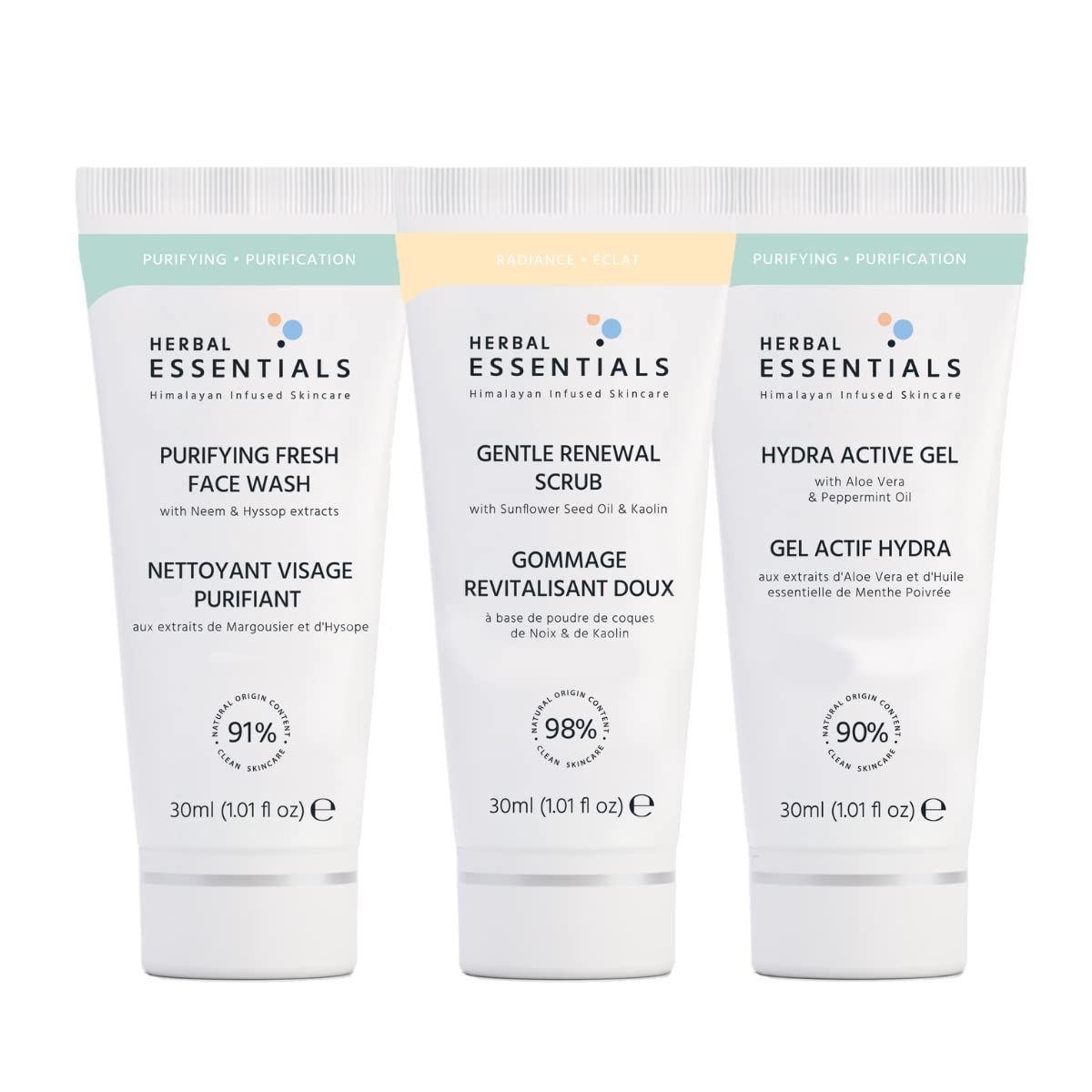 Herbal Essentials Skin Care Kit For Men - Includes Purifying Fresh Face Wash, Gentle Renewal Scrub & Hydra Active Gel - Natural Ingredients, 100% Pure Vegan & Cruelty Free, Made in France - 30ml Each