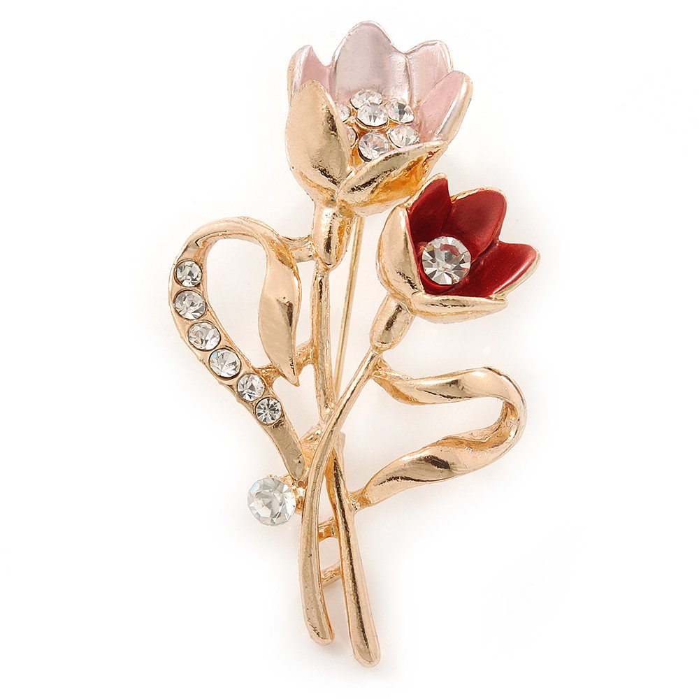 Pink/Coral Crystal Tulip Brooch In Gold Tone - 55mm L