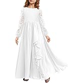 MITILLY Girls Fall Long Sleeve Maxi Dress Vintage A-Line Chiffon Ruffle Flowy Lace Flower Girl Dresses for Wedding Party
