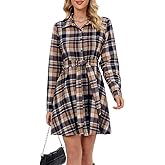 Women's Plaid Mini Dress Collared Long Sleeve Button Down Shirt Short Dress with Belt Christmas Tartan Dress