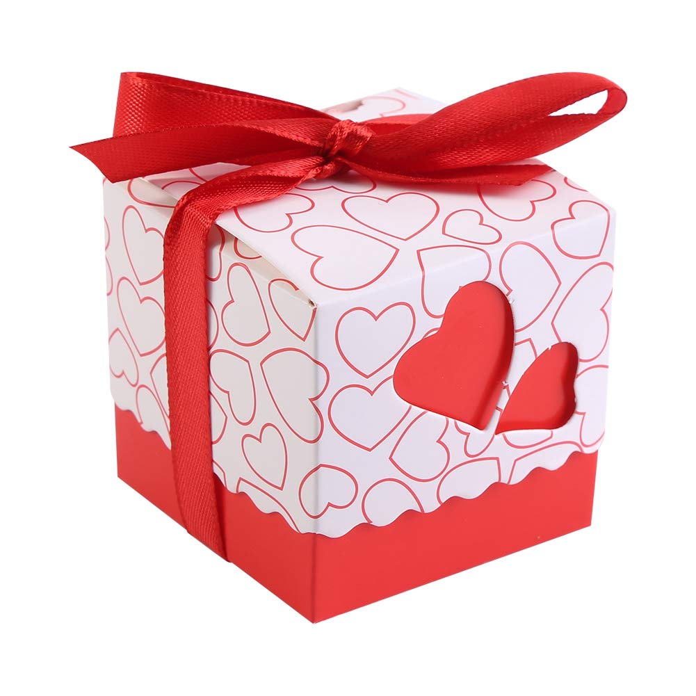 Yosoo 50Pcs Square Shape Wedding Birthday Party Favor Chocolate Candy Sugar Gift Boxes With Ribbon (Color : Red)