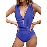 CUPSHE Women's One Piece Swimsuit Halter Plunging Neck Bathing Suit Wide Straps Underwire Ruched Back Hook