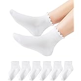 HONGTEYA Girls White Ruffle Socks School Dress Uniform Lace Cotton Socks for Kids Frilly Ankle 6 Pairs Size 2-14 Years
