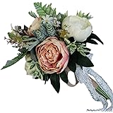 GUSENG European Vintage Bridal Wedding Bouquet Artificial Dusty Peony Flowers Fake Succulent Plant Lace Ribbon Bridesmaid Party Decor