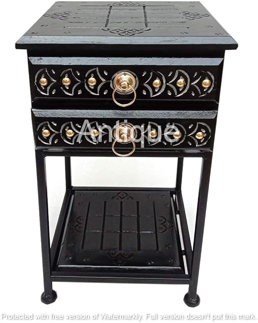 Antique Wooden Wrought Iron Bedside Table with 2 Drawers nd Shelf for