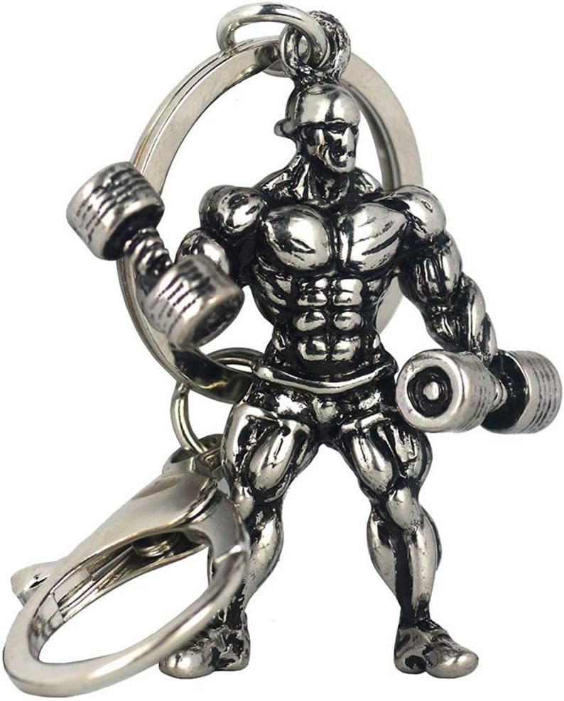 Strong Man Bodybuilder Keychain Fitness Gym Dumbbell Strength Sport Keyring Gift, Silver