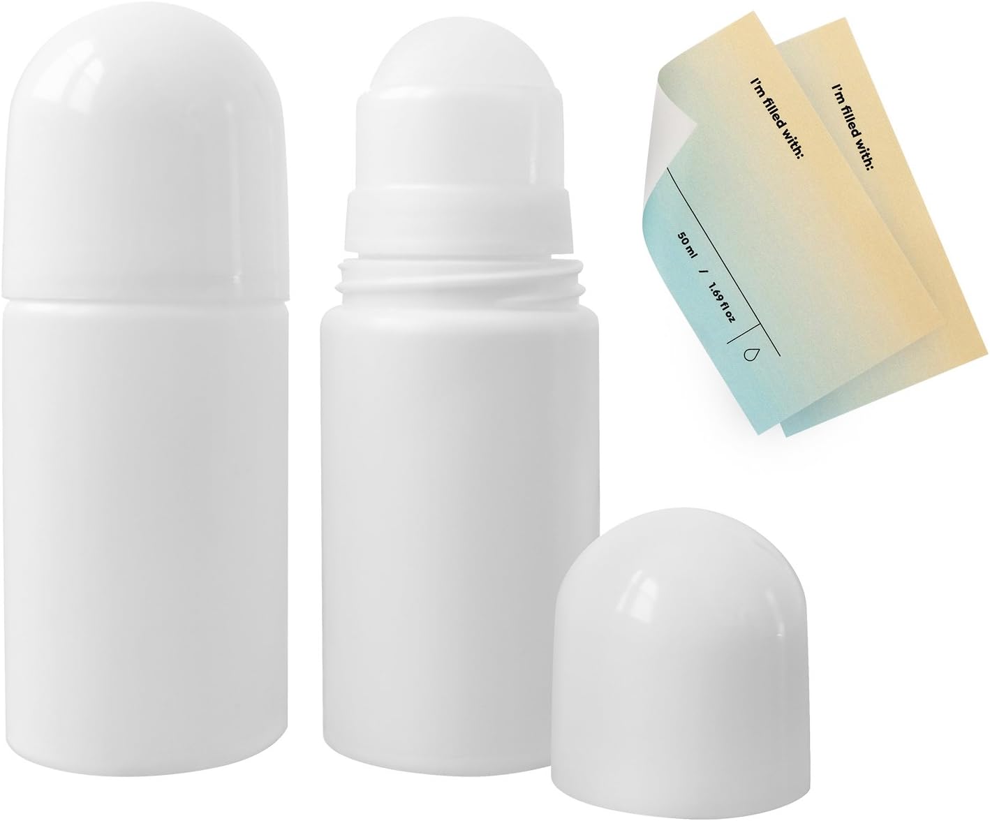 Refillable Roll On Deodorant Containers Set of 2 Bottles (BPA-Free) with Sticker Labels Plastic Roller Ball Empty Reusable for DIY Milk of Magnesia & Essential Oils 1.69 fl oz / 50ml