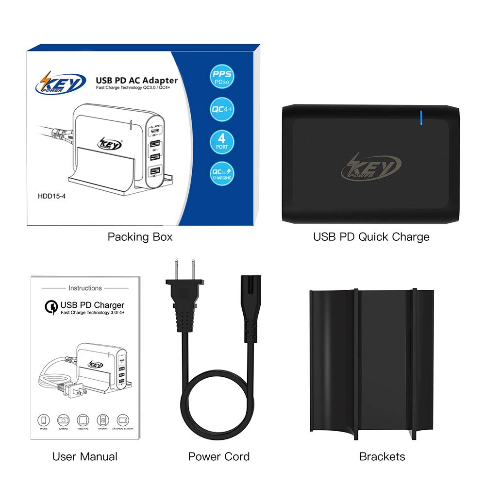 Key Power USB C Wall Charger, 66W Desktop Charging Station with One Type C Power Delivery Port for MacBook, HP Spectre,Dell XPS and 3-Port Quick Charge 3.0 Fast Charger for iPhone, Galaxy and More