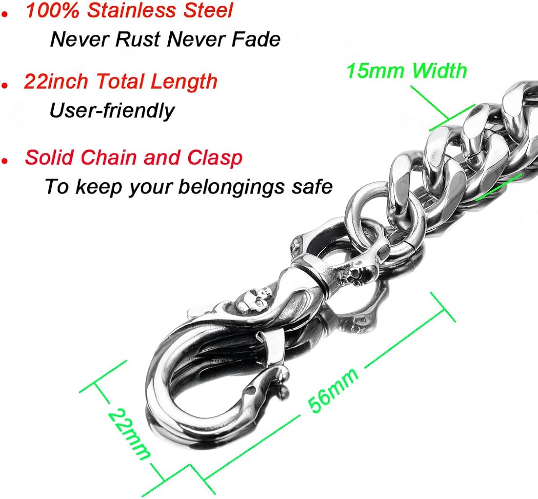 Skeleton Punk Wallet Chain,Wallet Long Purse Key Chain with Chain for Biker Trucker Motorcycle Pants Jean,100% Stainless Steel Never Rust,Never Fade(Cuban Chain): Clothing