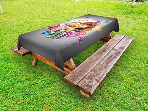 Lunarable Poker Tournament Outdoor Tablecloth, Welcome to Casino Colorful Chips and Cards Dice and Roulette Win Jackpot…