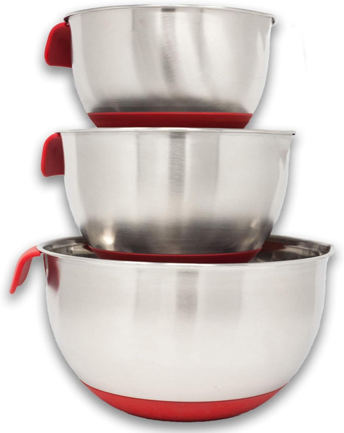 HUJI 3 Piece Stainless Steel Mixing Bowls Set with Pouring Spouts & Non-Slip Silicone Base and Handles For Baking Mixing Cooking Kitchen Tools (Red)