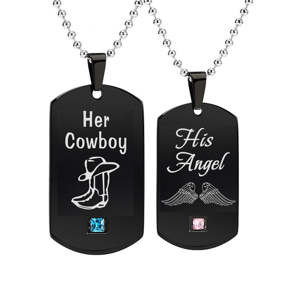 GAGAFEEL Couples Necklace His Angle Her Cowboy CZ Pendant Dog Tag Necklaces Anniversary Gift for Friends Women Men (His Angle Her Cowboy)