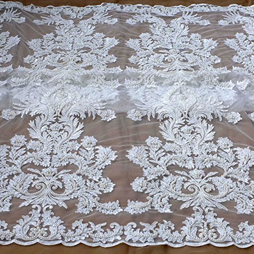 Off white large pattern cord lace fabric super heavy handmade beading wedding dress lace fabric 51' width 1 yard - Thumbnail 4