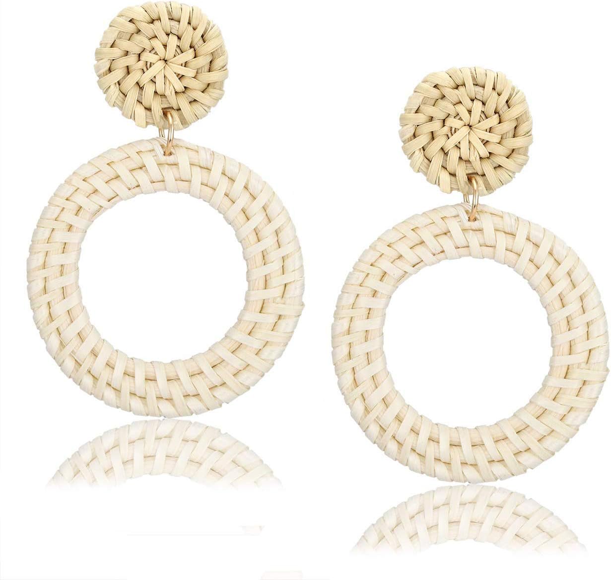 Weave Straw Double Disc Drop Earrings Boho Rattan Dangle Statement Earrings