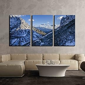 3 Piece Canvas Wall Art - Winter Landscape of Mountain with Snow in The Blue Sky - Modern Home Art Stretched and Framed Ready to Hang - 16"x24"x3 Panels