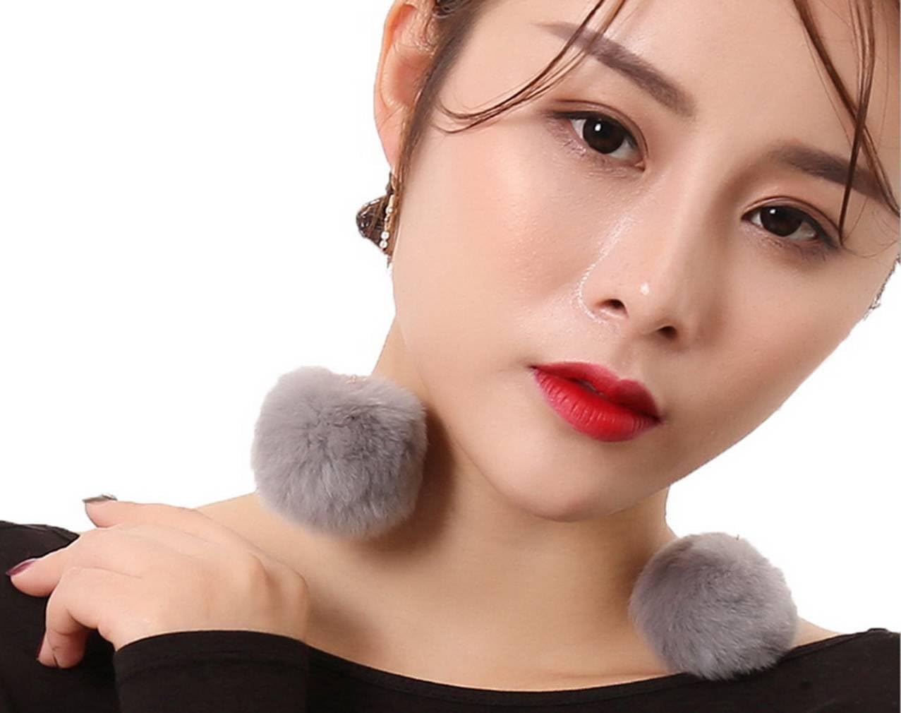 COMVIP Pom Pom Chainlink Drops Round Plush Ball Long Dangle Earrings Grey
