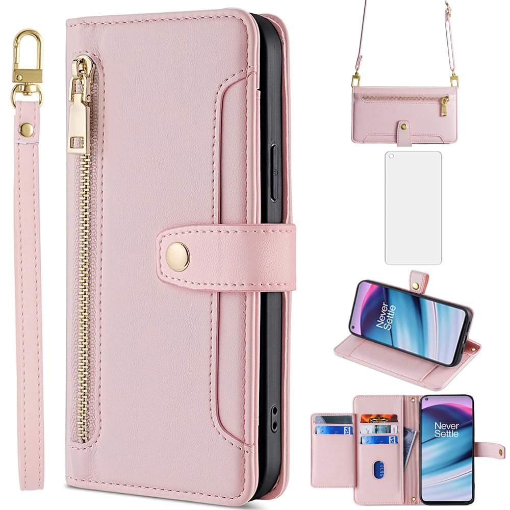 Asuwish Phone Case for OnePlus Nord CE 5G Wallet Cover with Screen Protector and Zipper Card Holder Slot Kickstand Cell Accessories Flip One Plus CE5G Euro 1 Plus 1plus One+ 1+ EC G5 Women Rose Gold