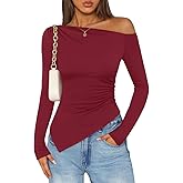 ZESICA Women's Off The Shoulder Tops 2026 Long Sleeve Y2K Asymmetrical Ruched Fitted Shirts Spring Trendy Going Out Top