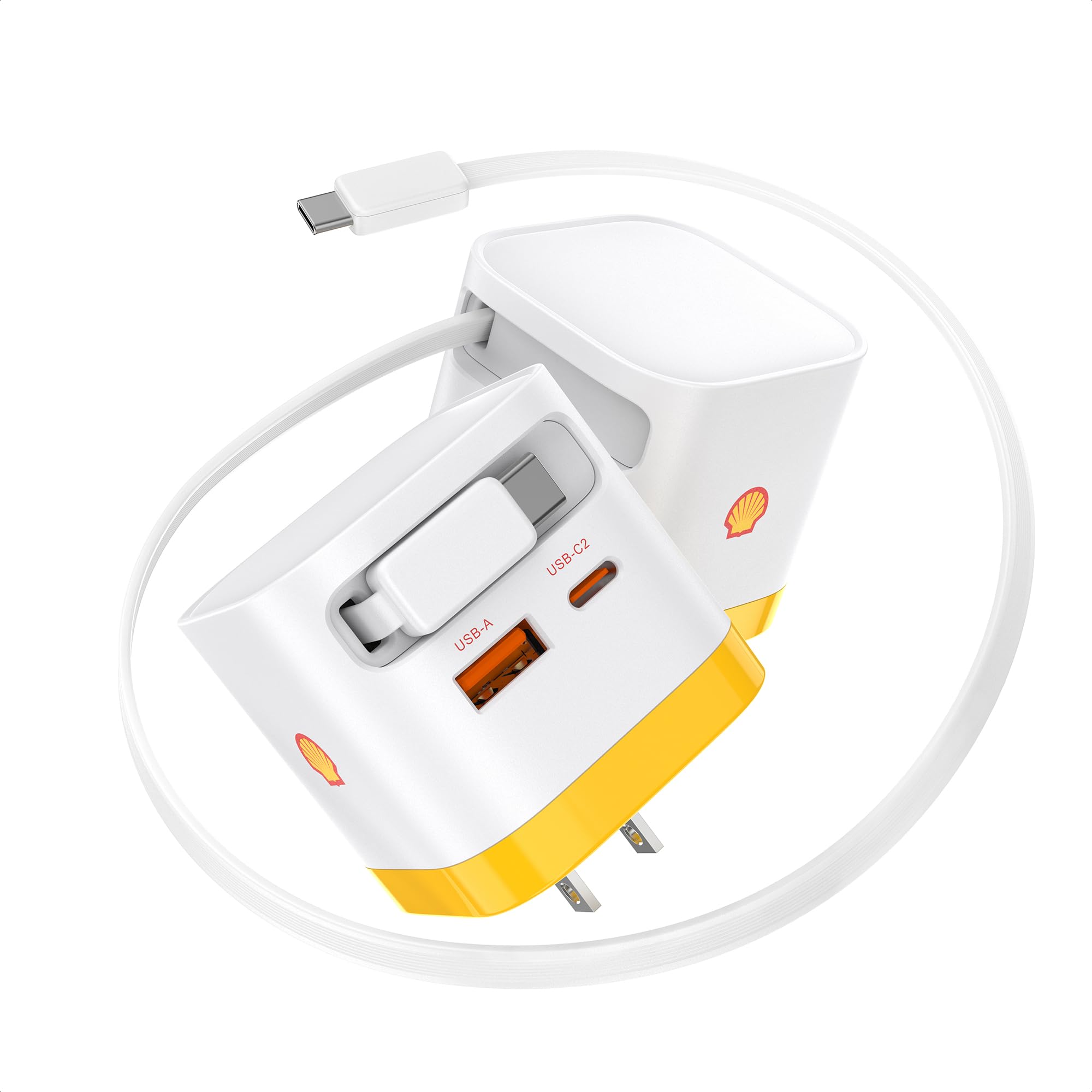 Shell 巻き取り式 充電器 65W 伸縮式 Type-C ケーブル内蔵 3ポート同時充電 GaNIII技術 超低温 折りたたみ式プラグ PSE技術基準適合 PD3.0/QC4.0/PPS等規格対応 MacBook iPad iPhone Androidスマホ ノートPC各種対応