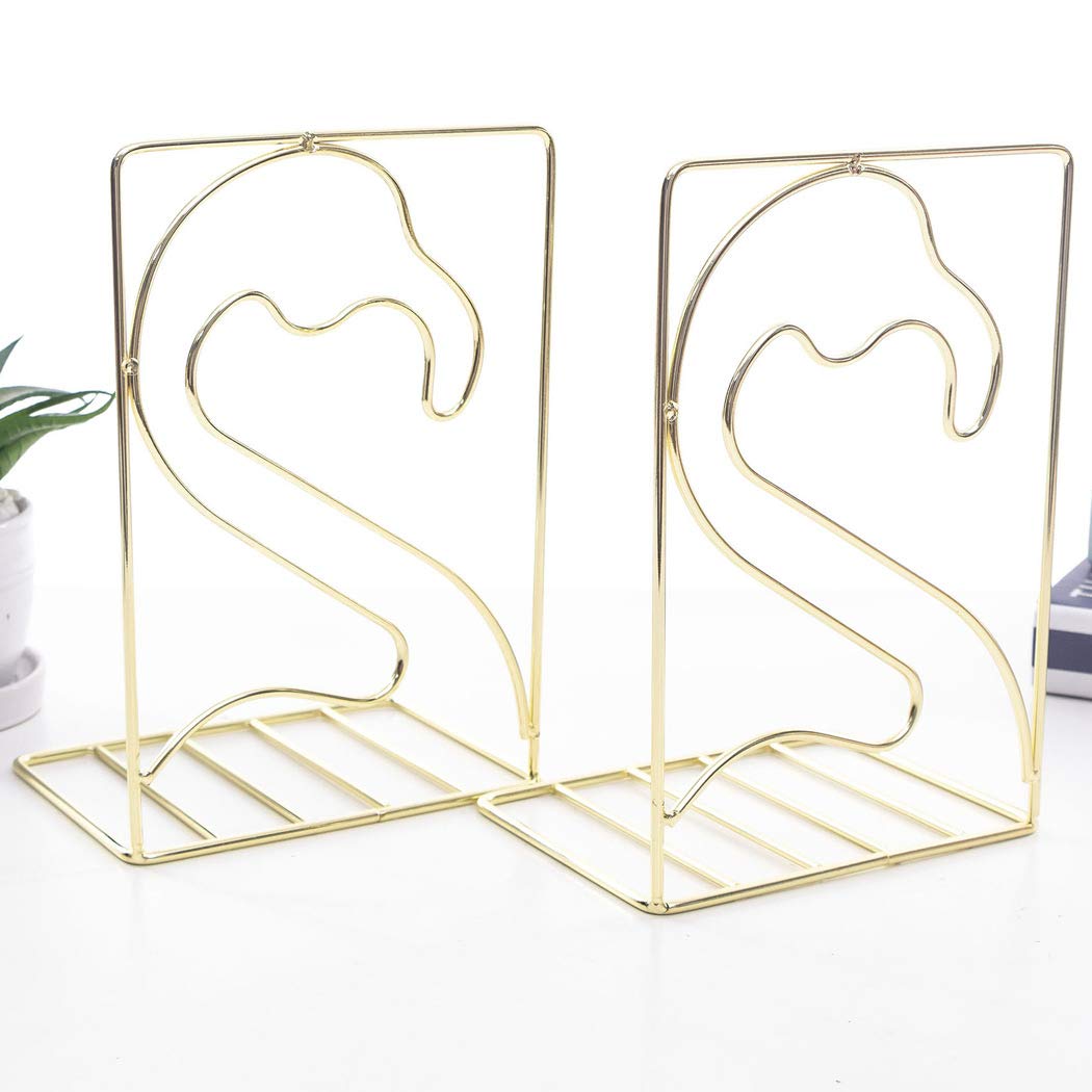 SIPLIV Creative Minimalist Style Bookends Metal Adjustable Books Holder Stand Book Rack Desk Bookend - Flamingo, Gold