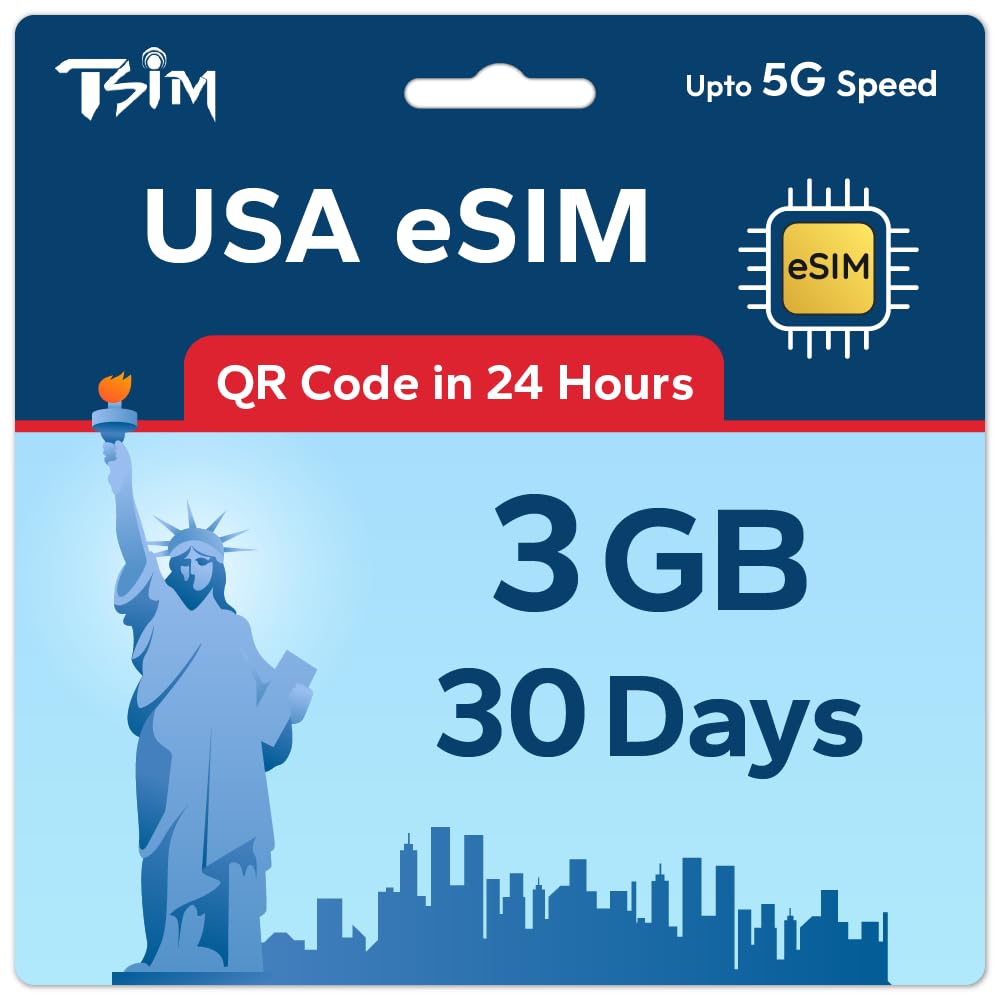 TSIM Prepaid USA eSIM for Travel | 30 days 3GB 5G Speed | Hotspot Allowed | eSIM QR Code Sent by Email within 24Hrs of Shipping | Scan QR Code and use Immediately | Data Only No Voice
