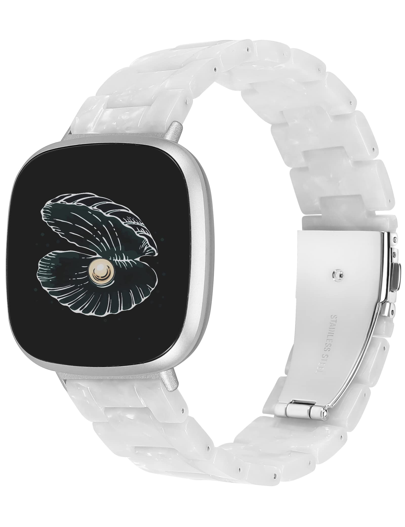 TOYOUTHS Resin Strap Compatible with Fitbit Versa 3/Versa 4/Sense/Sense 2, Women Men Adjustable Fashion Bracelet Strap with Stainless Steel Quick Release Clasp, Pearl White