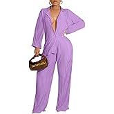 Ekaliy Women's 2 Piece Casual Pleated Outfits Short Sleeve Button Down Shirt High Waist Wide Leg Trouser Sets Suit
