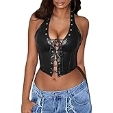 Avanova Women Leather Halter Top Tank Lace Up Corset Bustier Going Out Sexy Crop Top