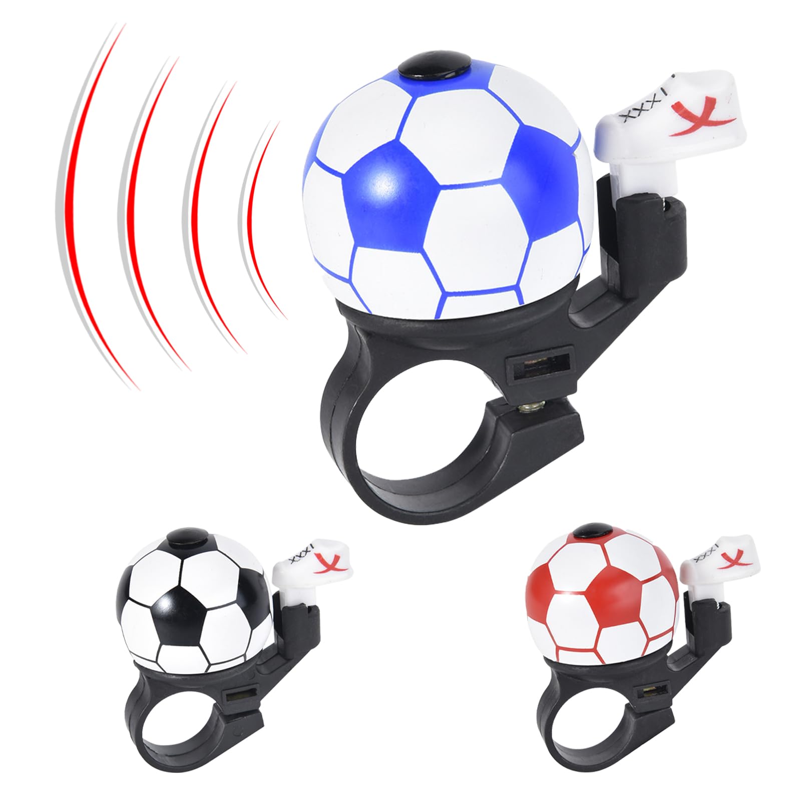 KASESSS 3-Piece Bike Bell Set, Football-Shaped, Loud Sound, Aluminium Alloy + ABS, Black, Red, Blue, 22MM, Handlebar Mount