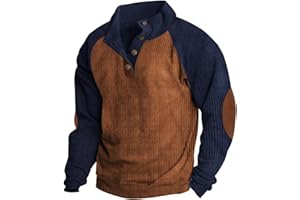 MGWTFZDL Mens Corduroy Sweater with Elbow Patches Long Sleeve Button Turtleneck Polo Shirts Vintage Waffle Sweatshirts