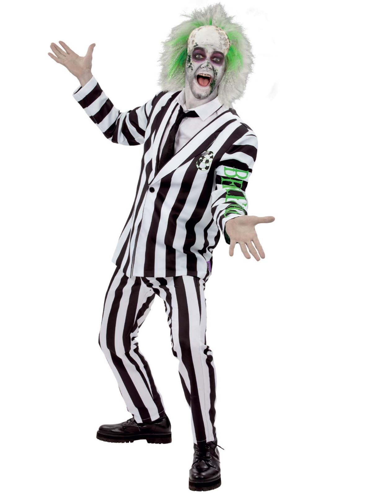 Smiffys Beetlejuice Adult Costume with Shirt Dress Collar Mock Tie and Cuffs Black and White Stripes Purple Zip Up Front Official Warner Brothers Licensed Halloween Costume, Large